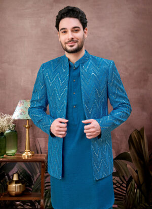 Teal Blue Jaal Patterned Indo-Western Set