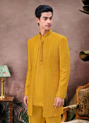 Yellow Silk Embroidered Indo Western Set