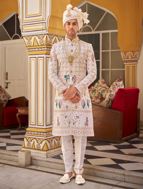 Abroidered White Sherwani
